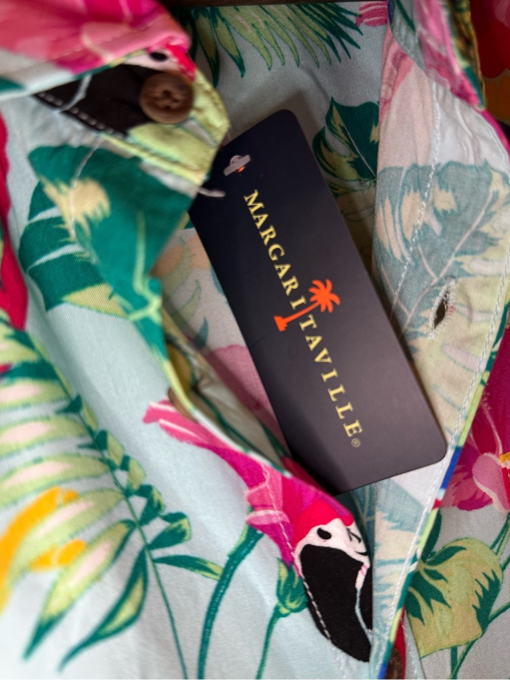 Margaritaville Aqua Parrot & Pink Floral Button-Down Shirt - Men’s Large - Picture 8 of 9